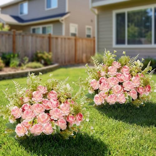 Yunlly 2 Set Artificial Boxwood Topiary Ball Trees with Rose Flowers 19.7'' UV Resistant Faux Greenery Shrubs Bushes with Ground Spike for Wedding Indoor Outdoor Front Porch Decor(Gradient Pink) - color: Gradient Pink