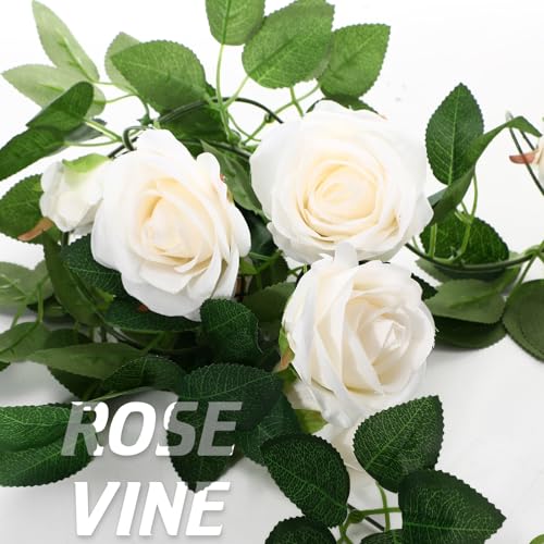 Zeyune 8 Pcs 54ft Artificial White Rose Flower Garland Realistic Silk Fake Flowers Hanging Vine for Wedding Party Arch Table Centerpieces and Wall Decor, Easy to Arrange, Full and Lush - color: White