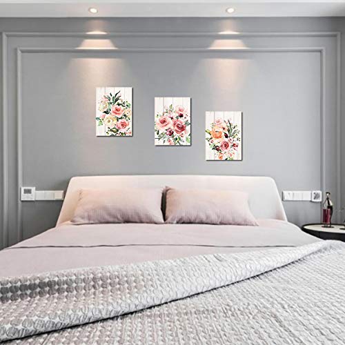 Pink Flower Home Decor Bathroom Wall Art Canvas Framed Wall Art for Girls Bedroom Bathroom Pictures Wood Grain Kitchen Modern Wall Decor Colorful Artwork for Walls Decoration Size 12x16 Each Panel