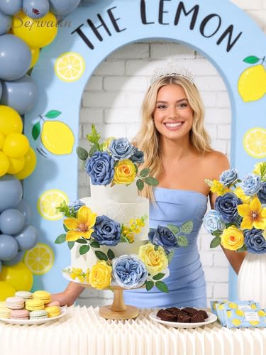 Serwalin Artificial Yellow & Blue Flowers, Silk Fake Roses Flowers, Faux Flowers for DIY Wedding Bouquets Cake Decoration Baby Shower Centerpieces Floral Arrangements Party Decor - color: Blue & Yellow, size: Grand