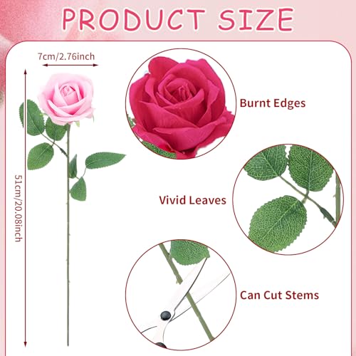 90 Pcs Hot Pink, Pink Velvet Rose Artificial Flowers with Long Stems, Fake Silk Roses Real Touch Fake Roses Florals for Birthday Wedding Bouquet Party Arrangement Decorations - color: Hot Pink, Pink
