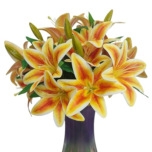 ATFL Artificial Lilies Flowers,9 Pcs Faux Lily Flowers,16''Tiger Lily Branches with 2 Full Blooms and 1 Bud,Faux Fake Lilies Plants for Wedding Bouquet Floral Arrangements (9, Orange) - color: Orange