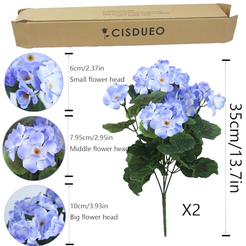 CISDUEO 2 Pcs Artificial Geraniums Outdoor Silk Flowers Light Purple Artificial Geranium Bush Faux Flowers Geraniums for Floral Home Decor Indoor Garden Patio Grave Cemetary Vase Table Centerpiece - color: Purple