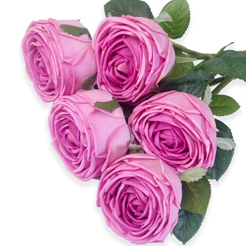 5Pcs Rose Real Touch Silk Flowers - Lifelike Roses Peony | Lifelike Rose roses & peonies with soft latex touch, no watering needed. Perfect for wedding bouquets, home decor & DIY - color: Rose