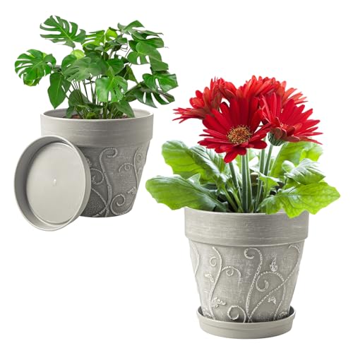 Melphoe Plant Pots Indoor with Drainage & Saucer, 2Pack 7/8 inch Flower Pots Outdoor Planters for Indoor Plants Garden Home Decor Cactus Succulent, Rigid Plastic (Imitation-Terracotta) Vine-Embossed - color: Cement Grey Color, size: 7''+8"