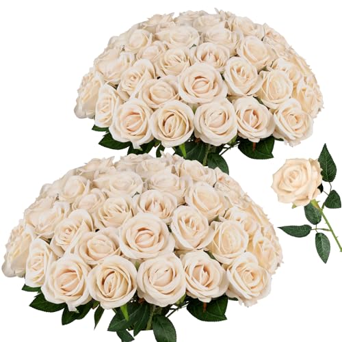 AmyHomie 48 PCS Champagne Roses Velvet Realistic Artificial Flowers with Bendable Stems for Wedding Bouquets Baby Shower Party Home Decor Fake Flowers Gifts for Valentines, Mothers Day, Womens Day - color: Champagne