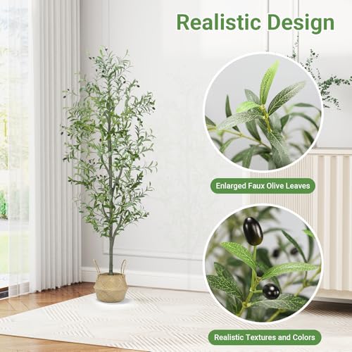 6 FT Faux Olive Tree Indoor, Tall Artificial Silk Olive Tree 6 FT, Large Indoor Fake Olive Trees with Realistic Leaves, Branches, Fruits, Faux Olive Trees Artificial Plants for Home (6 Feet) - color: Olive Green, size: 6ft