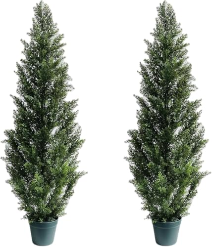 4 Feet Outdoor Artificial Topiary Cedar Tree, Set of 2 UV Resistant Potted Faux Cedar Trees for Outdoors and Indoors, Decorative Fake Shrubs Topiary Trees for Home Living Room Front Door Decor - size: 4 feet