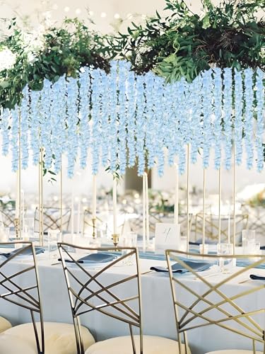 12PCS Light Blue Wisteria Hanging Flowers 6.4FT Artificial Hanging Wisteria Flowers for Decoration for Wedding Arch, Backdrop, Garden Party Decor (Light Blue) - color: Light Blue
