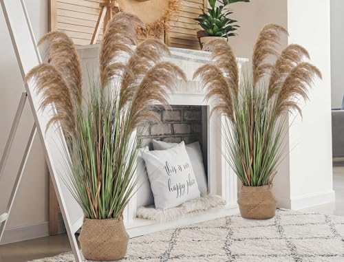 Jexine 2 Pcs Pampas Grass Potted Plants 4 ft Tall Artificial Grass Potted Artificial Greenery Floor Plants Tall in Pot for Housewarming Gift House Garden Bathroom Lobby Outdoor Decoration (Fall) - color: Fall, size: 4 ft