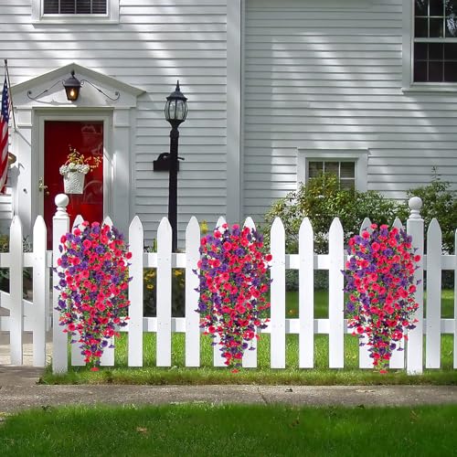 Artificial Hanging Flowers for Outdoor, 2pcs Fake Plants Long Vine Morning Glory Eucalyptus, Spring Summer UV Resistant Realistic Faux Greenery Indoor Outside Patio Porch Garden Decor, Hot Pink Purple - color: Hot Pink Dark Purple