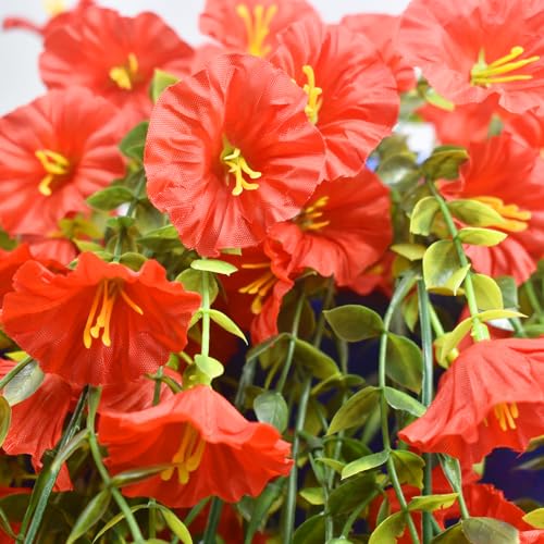 Musdoney 4PCS Artificial Hanging Flowers, Fake Hanging Plants Morning Glory Vines UV Resistant for Wall Home Room Garden Wedding Indoor Outdoor Spring Summer Decoration (Red) - color: Red