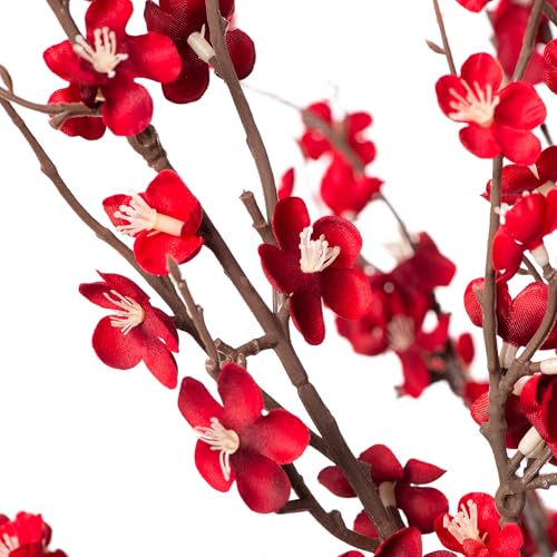 Ammyoo 4Pcs Cherry Blossom Branches Artificial Flowers for Spring Summer Indoor Decoration,Faux Long Stem Artificial Flowers for Wedding Home Office Bedroom Party Table Centerpieces Decor(Red) - color: Red