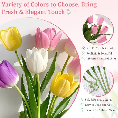Livole 12Pcs Pink Tulips Artificial Flowers Fake Faux Tulip Flower | Real Touch, Soft Material, 14 Inch, Bendable Stems, for Arrangement Wedding Spring Home Decor Floral Party Centerpiece - color: Pink