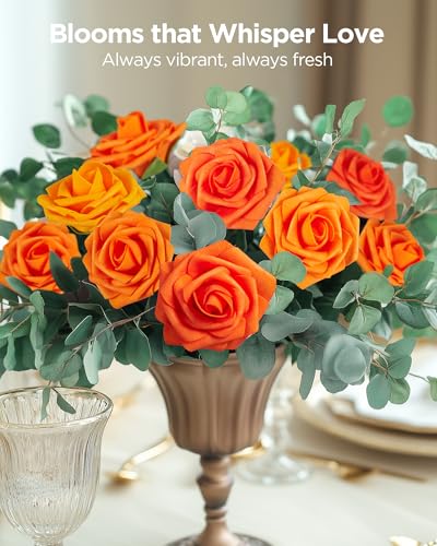 InnoGear Artificial Flowers, 50 Pcs Shades of Orange Foam Fake Roses Bulk with Stems for Autumn Fall Decoration DIY Wedding Bouquets Centerpieces Bridal Shower Party Christmas Tree - color: Shades of Orange