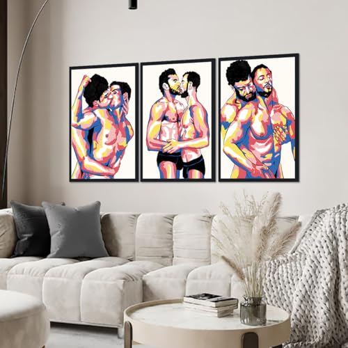 Large Triptych Gay Male Canvas Wall Art Colorful Couple Kiss Hug Posters Man Lover Abstract Love Prints Artwork Wall Decor for Apartment Bathroom Hotel Bar Framed Ready to Hand 24x36inchx3pcs - color: Art08, size: 24x36x3Pcs Black Framed
