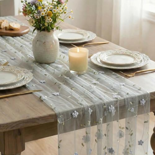 Artoid Mode 3D Flower Dusty Blue Gauze Embroidery Table Runner 120 Inch 10FT, Tulle Seasonal Spring Kitchen Dining Holiday Table Decor for Home Party - color: Dusty Blue