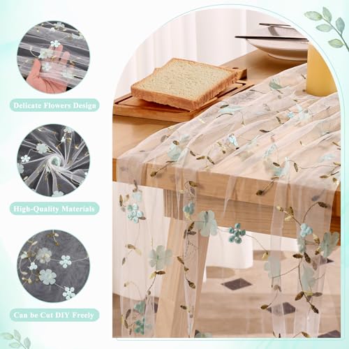 Embroidery Floral Table Runner Rustic Spring Summer Wildflower Tulle Table Runner Vintage Flower Kitchen Dining Tabletop Runners Decoration for Home Wedding Party, 108x24.5 Inch (Green Flowers) - color: Green Flowers, size: 108*24.5 inch