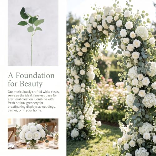 52pcs Ivory Roses Artificial Flowers Ivory White Roses Fake Flowers Silk Roses with Stems for DIY Wedding Bouquets Bridal Shower Centerpieces Arrangements Party Decorations - color: Ivory