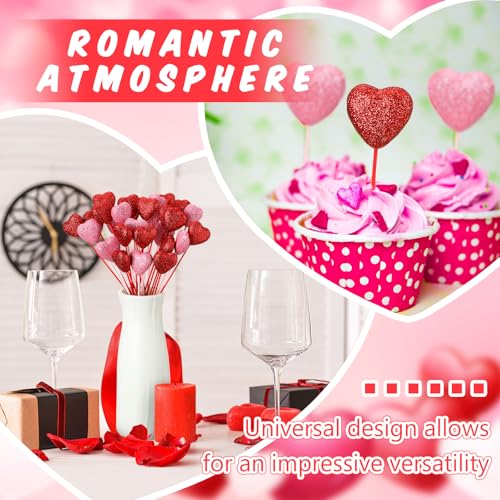12 Pcs Glitter Foam Hearts Sticks Foam Heart Picks Sparkly Hearts Stems Puffy Heart Wooden Picks for Wedding Decorations Flower Arrangements Crafts (Red,Pink) - color: Red,Pink, size: 12 Pcs