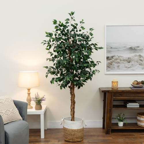 Nearly Natural 6ft. Triple Trunk Ficus Artificial Tree with Natural Trunks in Handmade Natural Jute and Cotton Basket Planter - size: 6ft, style: Tree in Basket