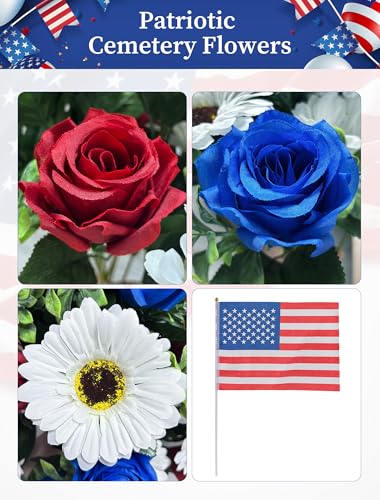 Memorial Day Flowers for Cemetery: 2 Pcs 4th of July Outdoor Grave 250th Anniversary USA Decorations - Fathers Day Cemetery Flowers for Grave Vase - Patriotic Artificial Red White Blue Roses - color: Red & White & Blue