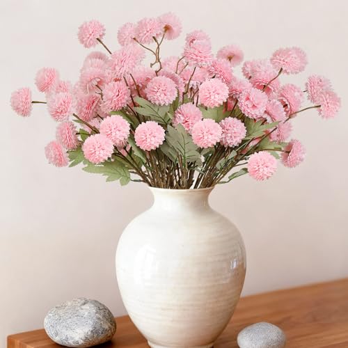 INQCMY Artificial Flowers 12 Pcs Fake Chrysanthemums Faux Kiku Flower Long Stem 20" Realistic Silk Pompon Mums for Vase Wedding Bouquets Centerpieces Home Decor (Pink) - color: Pink