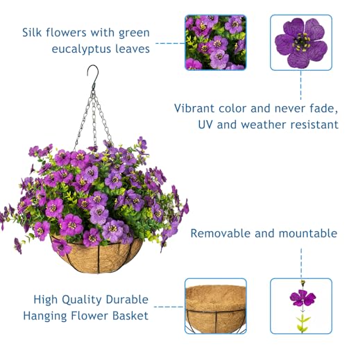 Artificial Hanging Flowers for Outdoors with Basket,UV Resistant Realistic Faux Hanging Plants Outdoor Artificial Flowers for Outdoors Basket for Yard Porch Patio Garden Home Decor,12 Bundles Mix - color: Purple+fuchsia