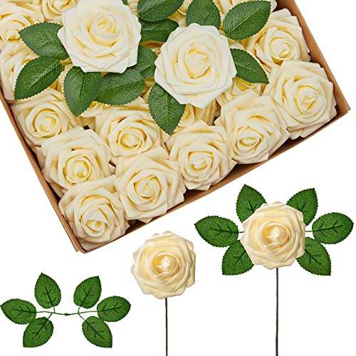 InnoGear Artificial Flowers, 50 Pcs Cream Foam Fake Roses Bulk with Stems for Decoration DIY Wedding Bouquets Centerpieces Bridal Shower Party Christmas Tree - color: Cream
