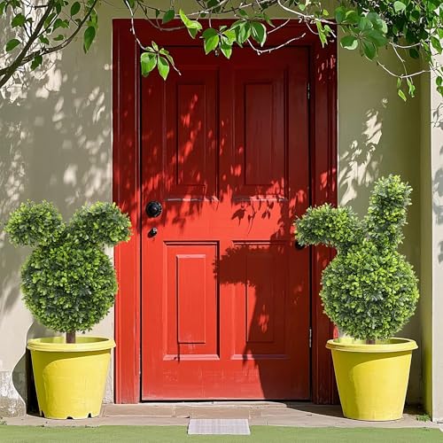 Damomo 27'' Artificial Bunny Shaped Topiary Trees with Ground Spike Set of 2, Outdoor Indoor Faux Boxwood Topiary Ball Bushes Potted Fake Shrubs Front Porch Decor Outside Garden - size: 27 inch