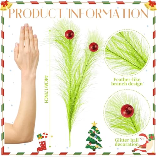 12 Pcs Lime Green Picks Whimsical Christmas Tree Toppers 17'' Double Head Artificial Curly Green Pampas Grass Stems with Red Ball Xmas Ornaments for Christmas Tree Decor Vase Fillers Wreath Crafts