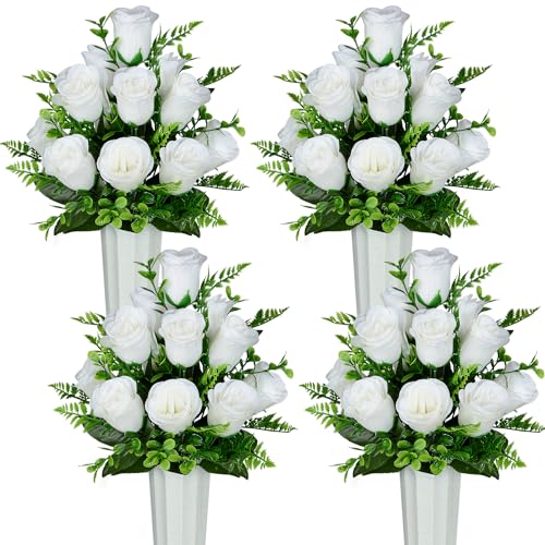 XONOR Artificial Cemetery Flowers, Set of 2 Artificial Rose Bouquet Grave Memorial Flowers with Vase for Cemetery Headstones Decoration (White, Set of 4) - color: White-4pcs