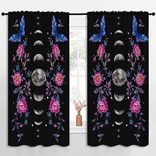 Boho Flower Blue butterfly Rod Pocket Blackout Curtains for Teen Bedroom,Moon Phase Moonlit Garden Witchy Gothic Aesthetic Energy Efficient Home Window Drapes for Living Room Noise Reducing,55x63in - color: Boho Flower Blue Butterfly-005, size: 55"W x 63"