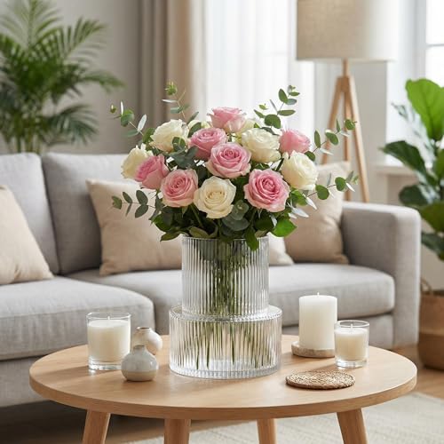 Ribbed Glass Vase, Flower Vase, Fluted Clear Vases for Flowers, Modern Vases for Living Room, Dining Table, Entryway, Shelf, Wedding, Office, Coffee Table, Birthday, 7.5 Inches - color: Clear, size: Ribbed 7.5 Inches