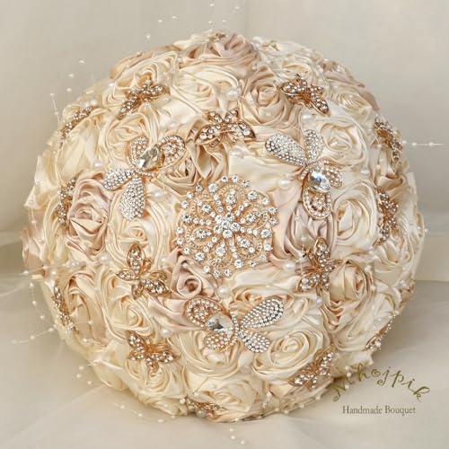 Handmade Wedding Flowers Bouquet Round Holding Bridal Bouquet Artificial Satin Roses Bunch for Bride Bridesmaid Wedding Quinceanera - color: Cream & Camel, size: Medium (Dia. 8.7"/22cm)