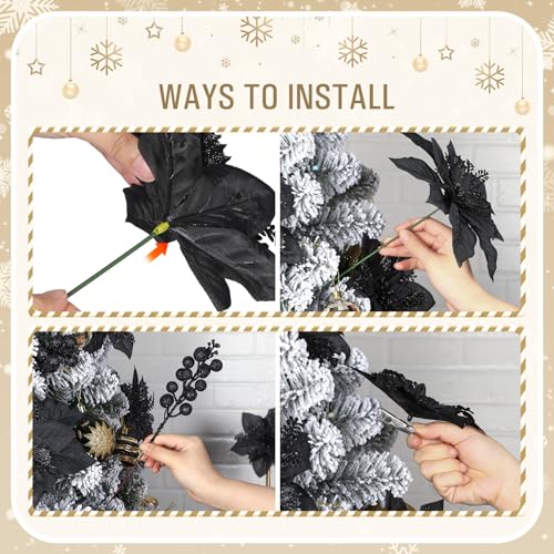 Alupssuc 24 Pieces Christmas Tree Decorations, 12 PCS Black Poinsettia Flowers Artificial and 12 PCS Glitter Christmas Tree Picks for Christmas Decorations Party Wreath Fireplace Stairs, Black - color: Black