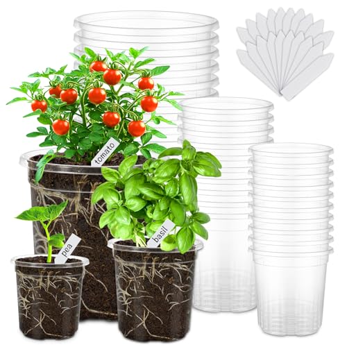 30 Packs 6.5/5/4 Inch Reinforced Clear Nursery Pots for Plants with Drainage Hole, Variety Pack High Transparency Plastic Seedling Plant Pot with 20 Labels - size: 4/5/6 in-30p