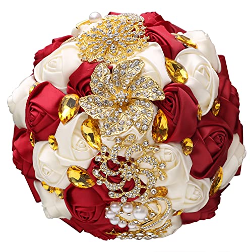 Handmade Wedding Bouquets for Bride Bridesmaid Brooch Artificial Holding Flower Tossing Bouquet（Ivory/WineRed,21cm,1PC - color: Ivory/Winered, size: 21CM/8.3''