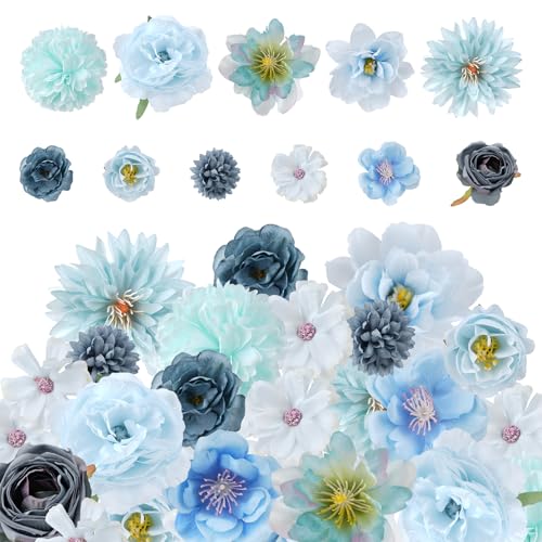 27 Pcs Small Silk Artificial Faux Flowers for DIY Craft Supplies for Wedding Party Graduation Home Decor (Blue) - color: Blue