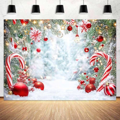 Christmas Candy Cane Backdrop, Winter Wonderland Forest Snowy Scene Photography Background, Xmas Holiday New Year Family Party Decorations Banner Photo Booth Studio Props 5X3FT - color: Red, size: 5X3FT