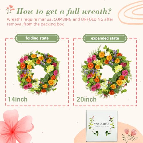 YNYLCHMX 20" Spring Summer Wreaths for Front Door, Artificial Floral Wreath with Daisy Flowers Green Tea Leaves, Green Foliage Wreath for Wall Window Farmhouse Party Holiday Home Decor - color: Colorful Daisies