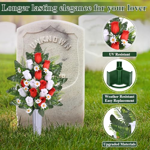 Dolicer 2 Sets Artificial Cemetery Flowers for Grave, Realistic Grave Flowers Memorial Flower UV Resistant Silk Rose Flower with Vase for Cemetery Decorations (Red, White) - color: Red, White, size: Flowers in Vase