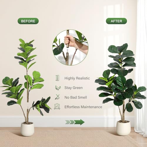 4 ft Fiddle Leaf Fig Tree Artificial with 48 Leaves - Realistic Faux Ficus Lyrata Trees in 7.8 in White Planter Pot, Indoor Fake Floor Plants for Home Office Living Room Decor, Housewarming Gift - color: With White Planter, size: 4ft
