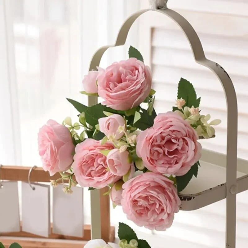 30cm Rose Pink Silk Bouquet Peony Artificial Flower 5 Big Head 4 Small Bud Bride Wedding Home Decoration Artificial Flower (Pink) - color: Pink