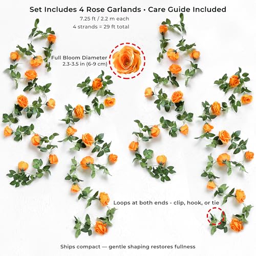FiveSeasonStuff Warm Orange Artificial Rose Garlands, Four Separate Faux Flower Vines with Greenery - color: Mandarin Orange