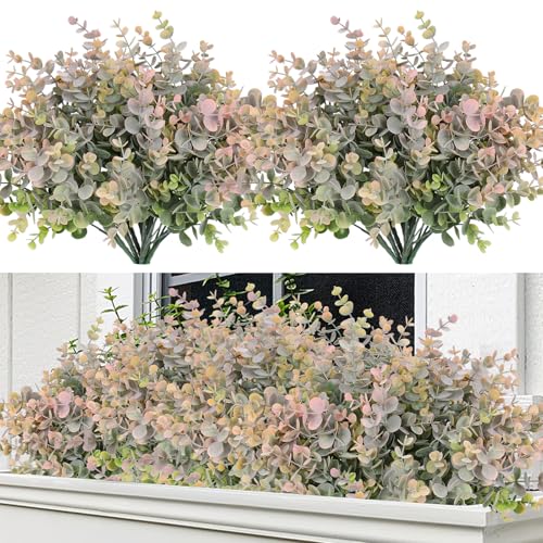 RECUTMS 8 Bundles Artificial Greenery Plants Stems Fake Eucalyptus Plants Boxwood Bushes for Spring Summer Farmhouse Bathroom Office Vase Centerpiece Outdoor Wedding Graduation Party Decor(Dusty Pink) - color: Dusty Pink, size: 8 Pcs