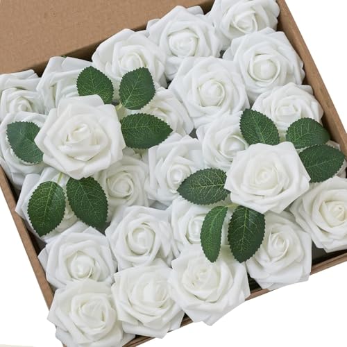 Artificial Flowers Roses with Stems for DIY Wedding Christmas Tree Bouquet Baby Shower Centerpiece Floral Arrangement Party Home Decor Mothers Day Decorations (White, 25) - color: White, size: 25