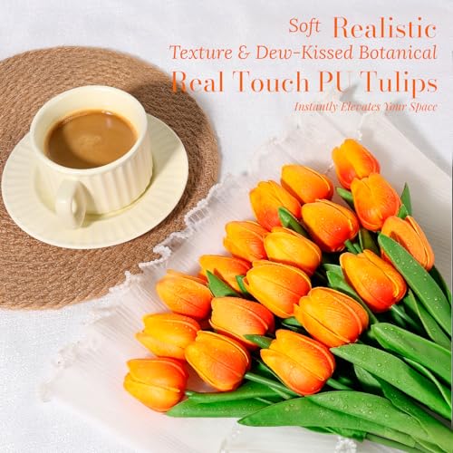 Beferr 18pcs Tulips Artificial Flowers Faux Tulip Real Touch Tulip Fake Flowers Bouquets Arrangements for Mothers Day Spring Easter Wedding Home Table Decor Orange - color: H-18pcs-1colors-dorange, size: 18PCS