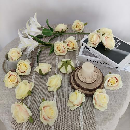 ATFL Artificial Satin Rose Flower Heads,42 Pcs Silk Rose Heads with Stems,3.3'' Rose Artificial Flowers Bulk,Artificial Rose Flower Heads for DIY Crafts Bouquet (42, Champagne) - color: Champagne
