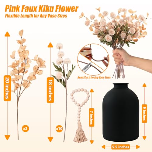 20''H Fake Flowers in Large Vase for Centerpiece Table Decorations with 10Pcs Fake Mums Flowers Eucalyptus Stems Faux Pompon Kiku Flowers Arrangement for Home Decor (Beige/Black Vase) - color: Beige/Black Vase
